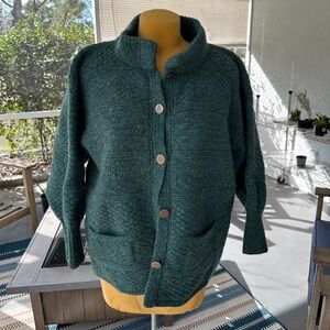 Irish Aran Wool Cardigan , Green with button closures